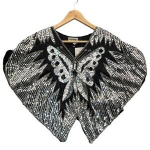 Shimmer Vintage Black Silk Silver Sequin Butterfly Blouse Top Women Small